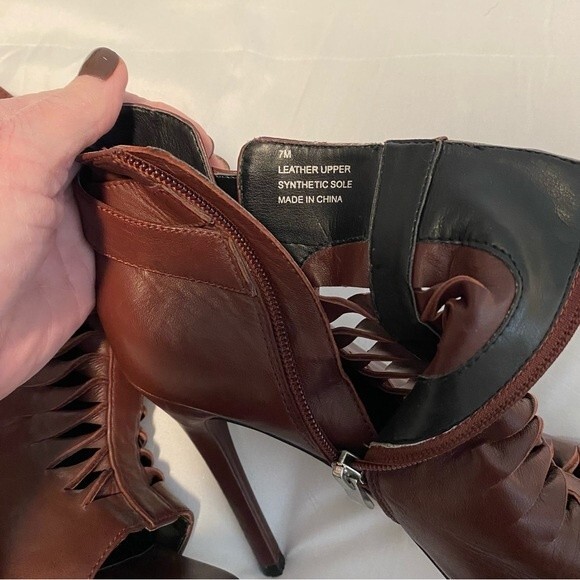 Trouve Peep Toe Leather Boot Chocolate Brown Stiletto Heel Cut Out Design Size 7 - Picture 10 of 15